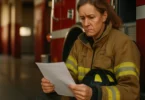 Woman firefighter reading a medical report in a fire station