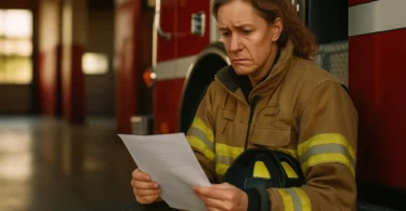 Woman firefighter reading a medical report in a fire station