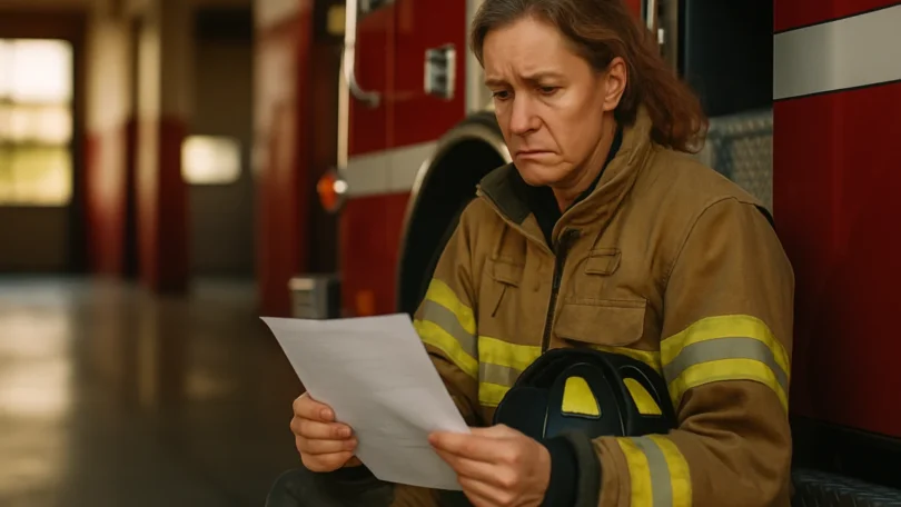 Woman firefighter reading a medical report in a fire station