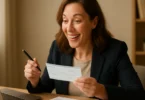 Woman reviewing tax forms and a personal injury settlement check