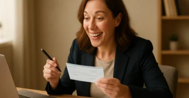 Woman reviewing tax forms and a personal injury settlement check