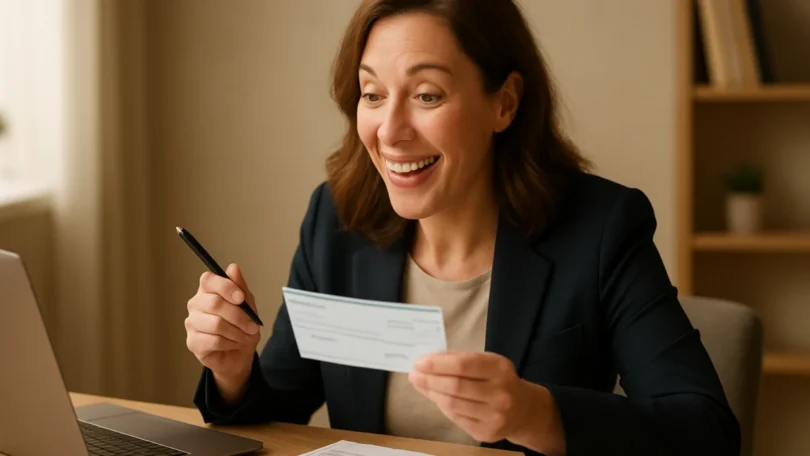 Woman reviewing tax forms and a personal injury settlement check
