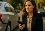 Woman standing next to her damaged car after being hit by another driver