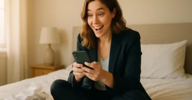 Woman searching her phone for proof of purchase for a class action claim