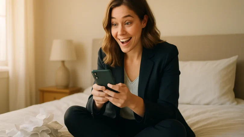 Woman searching her phone for proof of purchase for a class action claim