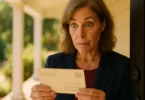 Woman reading a class action notice postcard at her front door