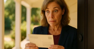 Woman reading a class action notice postcard at her front door