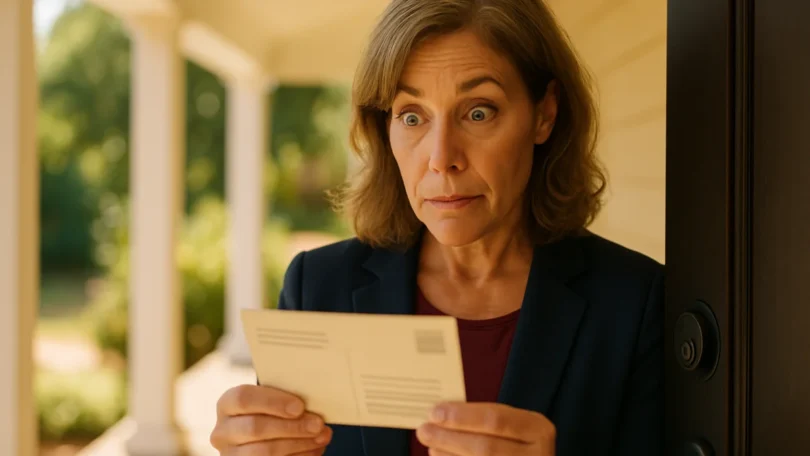 Woman reading a class action notice postcard at her front door