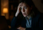 Woman worried after learning about a data breach on her laptop