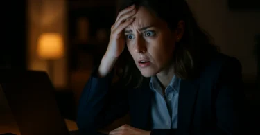 Woman worried after learning about a data breach on her laptop