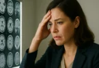 Woman looking at a brain MRI scan in a doctor's office