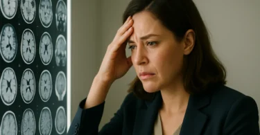 Woman looking at a brain MRI scan in a doctor's office