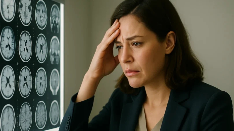 Woman looking at a brain MRI scan in a doctor's office
