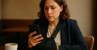 Woman with an arm sling deciding whether to hire an injury lawyer