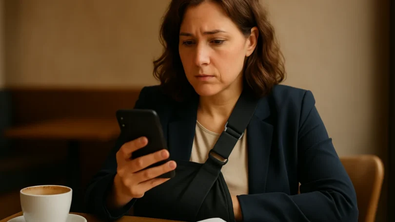 Woman with an arm sling deciding whether to hire an injury lawyer