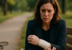 Woman with a bandaged arm after a dog bite