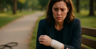Woman with a bandaged arm after a dog bite