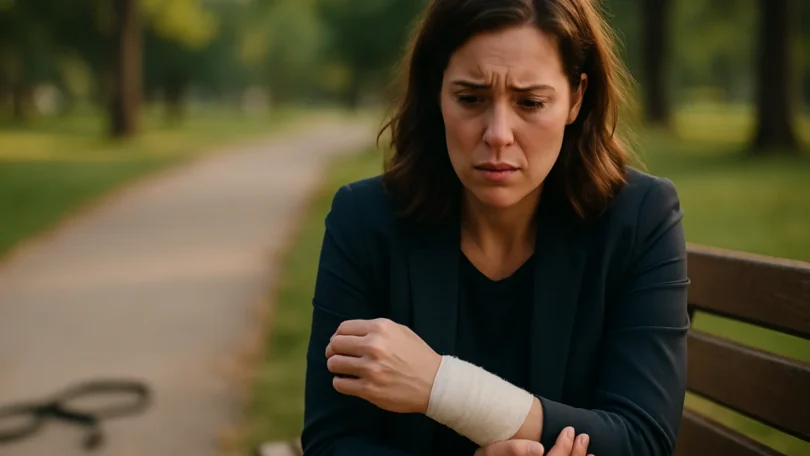 Woman with a bandaged arm after a dog bite