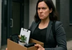 Woman holding a box of belongings after being fired following a work injury