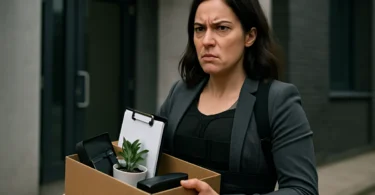 Woman holding a box of belongings after being fired following a work injury