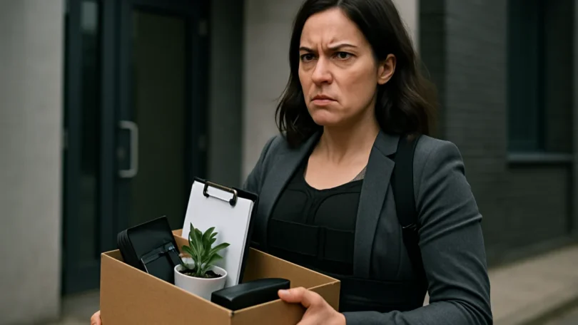 Woman holding a box of belongings after being fired following a work injury