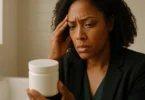 Woman reading the label on a hair relaxer product