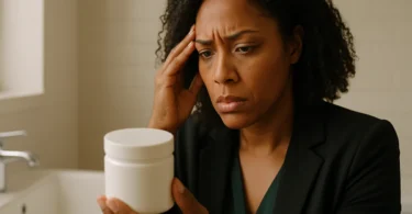 Woman reading the label on a hair relaxer product