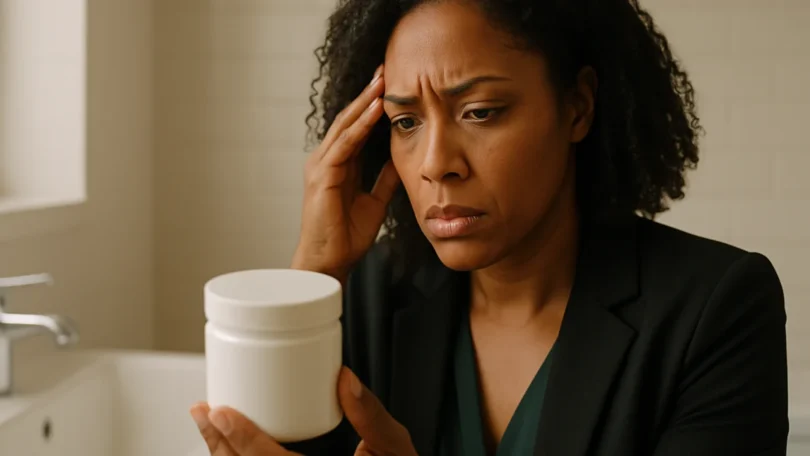 Woman reading the label on a hair relaxer product