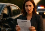Woman holding a police report after being hit by an uninsured driver
