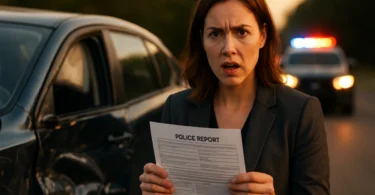 Woman holding a police report after being hit by an uninsured driver