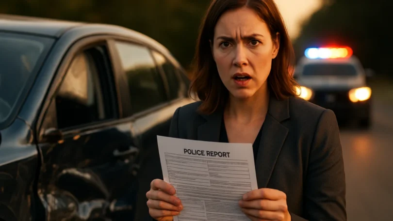 Woman holding a police report after being hit by an uninsured driver