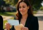 Woman looking at a small class action settlement check from her mailbox
