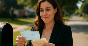 Woman looking at a small class action settlement check from her mailbox