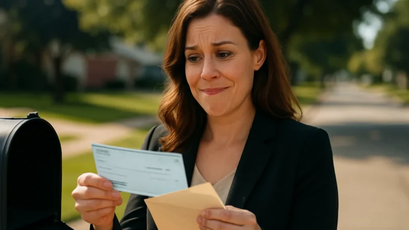 Woman looking at a small class action settlement check from her mailbox