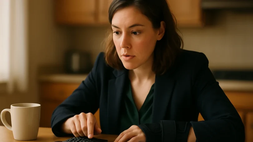 Woman with a wrist brace calculating her workers compensation benefits