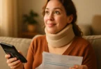 Woman in a neck brace calculating her car accident claim value