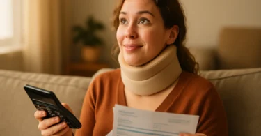 Woman in a neck brace calculating her car accident claim value