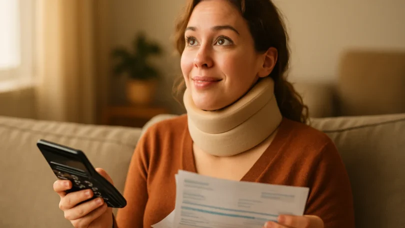 Woman in a neck brace calculating her car accident claim value