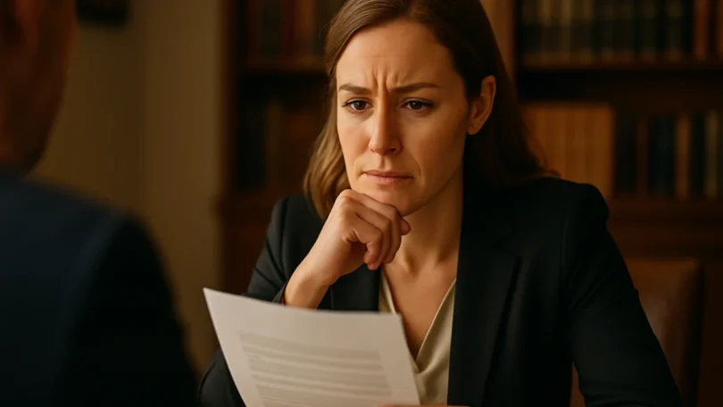 Woman reviewing a personal injury lawyer fee agreement
