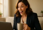Woman happily filing a class action settlement claim on her laptop