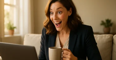 Woman happily filing a class action settlement claim on her laptop