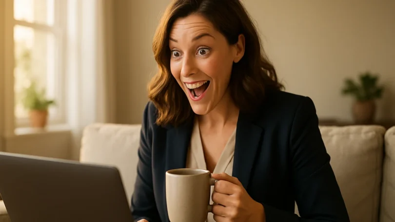 Woman happily filing a class action settlement claim on her laptop