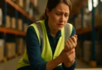 Injured woman warehouse worker holding her wrist after a workplace injury