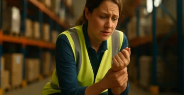 Injured woman warehouse worker holding her wrist after a workplace injury