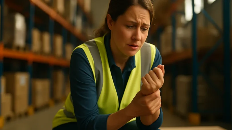 Injured woman warehouse worker holding her wrist after a workplace injury