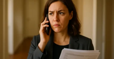 Woman wary during a call with an insurance adjuster