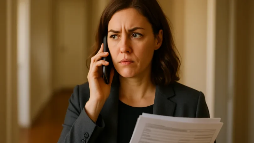 Woman wary during a call with an insurance adjuster