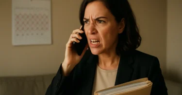 Frustrated woman on the phone with her insurance company