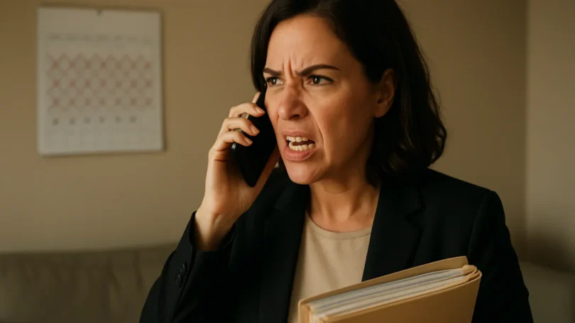 Frustrated woman on the phone with her insurance company