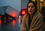Woman in a blanket at the scene of a jackknifed truck crash on a highway